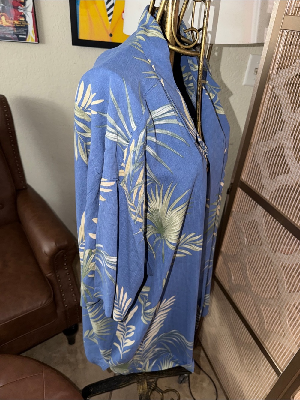 Tommy Bahama Blue and Cream Tropical Leaf Camp Shirt - Picture 3 of 4